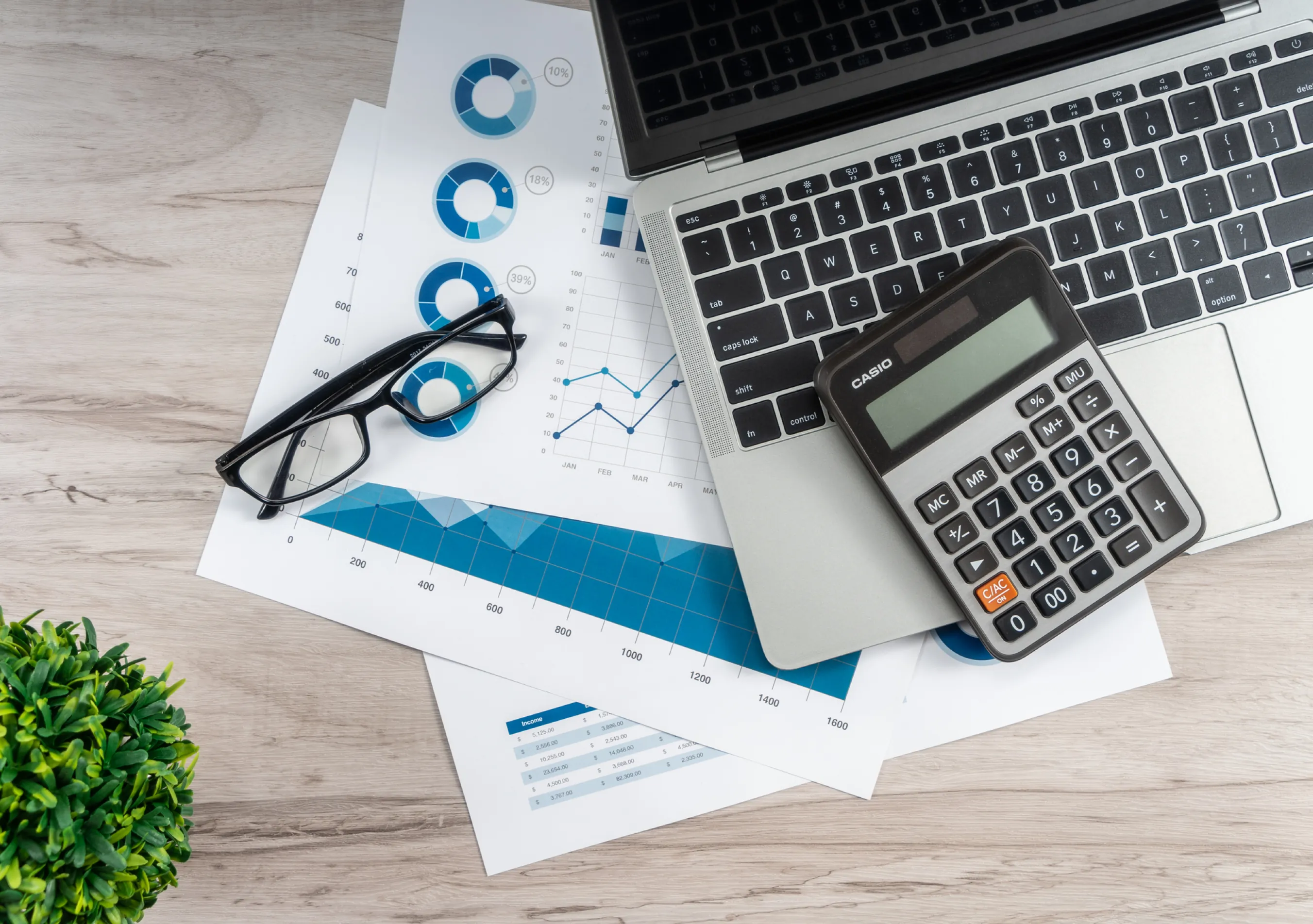 Laptop, calculator, and glasses on financial documents with charts and graphs on a wooden desk, next to a green plant.